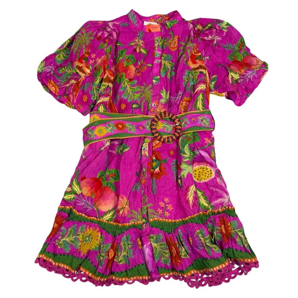 Farm Rio Womens Size S Delicate Fruit Garden Pink Mini Dress Puff Sleeve NWT